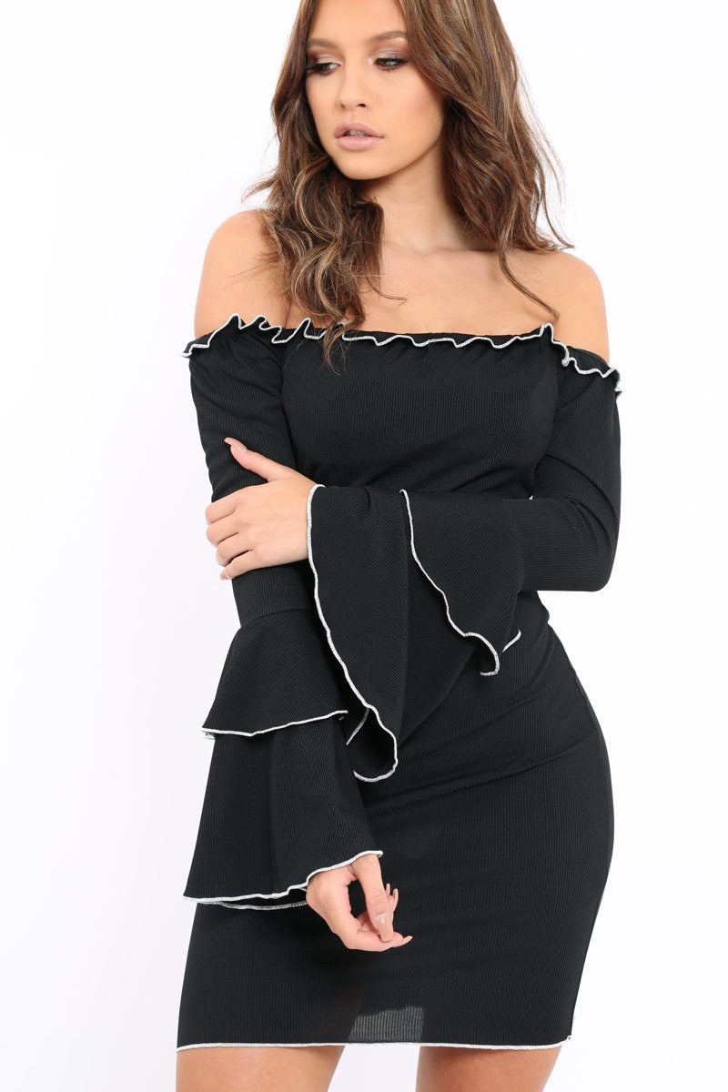 Black Ribbed Bell Sleeve Mini Dress - Ariana-Dresses