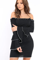 Black Ribbed Bell Sleeve Mini Dress - Ariana-Dresses