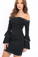 Black Ribbed Bell Sleeve Mini Dress - Ariana-Dresses