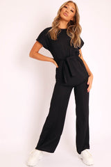 Black Ribbed Belted Top and Wide Leg Trouser Co-ord - Tyla-Co-ords