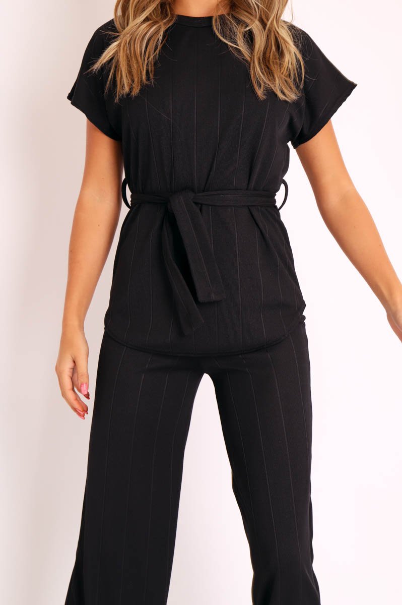 Black Ribbed Belted Top and Wide Leg Trouser Co-ord - Tyla-Co-ords