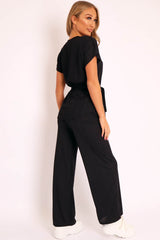 Black Ribbed Belted Top and Wide Leg Trouser Co-ord - Tyla-Co-ords