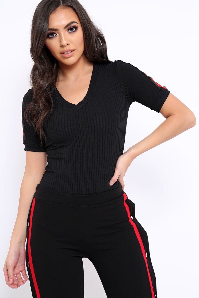 Black Ribbed Bodysuit with Contrast Trim - Libi-Bodysuits