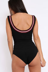 Black Ribbed Bodysuit with Sport Trim - Tracey-Bodysuits
