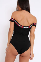 Black Ribbed Bodysuit with Sport Trim - Tracey-Bodysuits