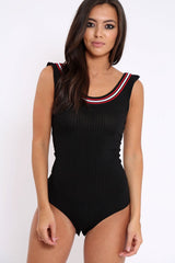 Black Ribbed Bodysuit with Sport Trim - Tracey-Bodysuits