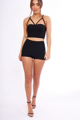 Black Ribbed Bustier Crop Top & Shorts Co-ord Set - Olivia-Co-ords