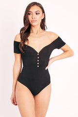Black Ribbed Button Front Cap Sleeve Bodysuit - Billie-Bodysuits