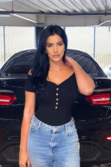 Black Ribbed Button Front Cap Sleeve Bodysuit - Billie-Bodysuits