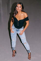 Black Ribbed Button Front Cap Sleeve Bodysuit - Billie-Bodysuits