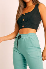 Black Ribbed Button Front Crop Top - Brihana-Tops