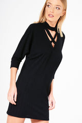 Black Ribbed Choker Cross Strap Mini Dress - Meghann-Dresses