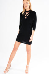 Black Ribbed Choker Cross Strap Mini Dress - Meghann-Dresses