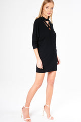 Black Ribbed Choker Cross Strap Mini Dress - Meghann-Dresses