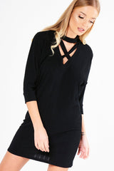 Black Ribbed Choker Cross Strap Mini Dress - Meghann-Dresses