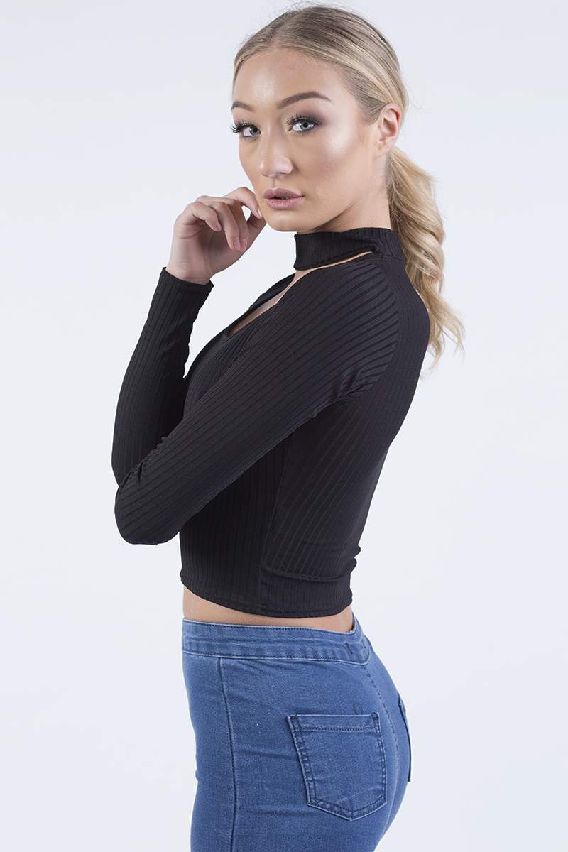 Black Ribbed Choker Cut Out Crop Top - Mary-Crop Tops