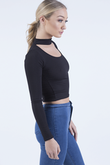 Black Ribbed Choker Cut Out Crop Top - Mary-Crop Tops