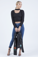 Black Ribbed Choker Cut Out Crop Top - Mary-Crop Tops