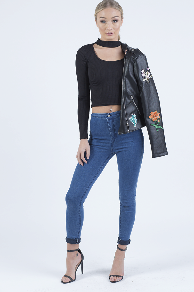 Black Ribbed Choker Cut Out Crop Top - Mary-Crop Tops