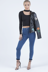 Black Ribbed Choker Cut Out Crop Top - Mary-Crop Tops