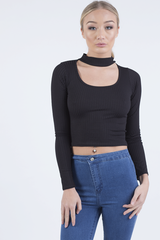 Black Ribbed Choker Cut Out Crop Top - Mary-Crop Tops