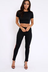 Black Ribbed Co ord with Striped Sports Trim Detail - Zinaya-Co-ords