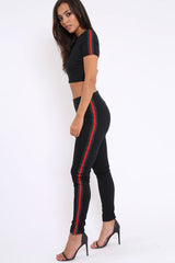 Black Ribbed Co ord with Striped Sports Trim Detail - Zinaya-Co-ords