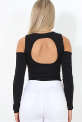 Black Ribbed Cold Shoulder Bodysuit - Gigi-Bodysuits