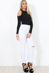 Black Ribbed Cold Shoulder Bodysuit - Gigi-Bodysuits