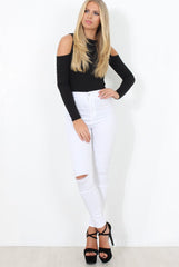 Black Ribbed Cold Shoulder Bodysuit - Gigi-Bodysuits