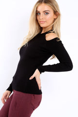 Black Ribbed Cold Shoulder Jumper - Briella-Jumper