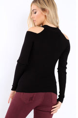 Black Ribbed Cold Shoulder Jumper - Briella-Jumper