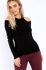 Black Ribbed Cold Shoulder Jumper - Briella-Jumper