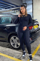 Black Ribbed Corset Seam Long Sleeve Jumpsuit - Poppy-Jumpsuits