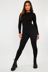 Black Ribbed Corset Seam Long Sleeve Jumpsuit - Poppy-Jumpsuits
