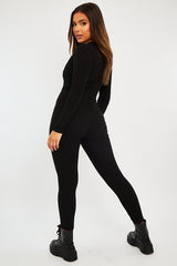 Black Ribbed Corset Seam Long Sleeve Jumpsuit - Poppy-Jumpsuits