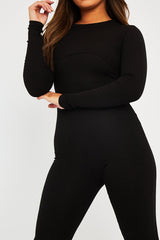 Black Ribbed Corset Seam Long Sleeve Jumpsuit - Poppy-Jumpsuits