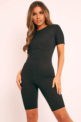 Black Ribbed Corset Unitard Playsuit - Delfina-Playsuits