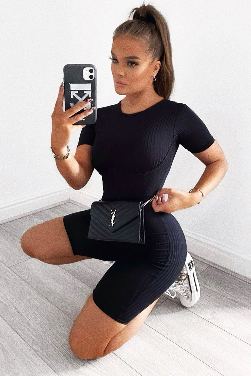 Black Ribbed Corset Unitard Playsuit - Delfina-Playsuits