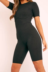 Black Ribbed Corset Unitard Playsuit - Delfina-Playsuits