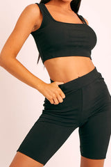 Black Ribbed Crop Top and Cycling Shorts Co-ord - Nina-Co-ords