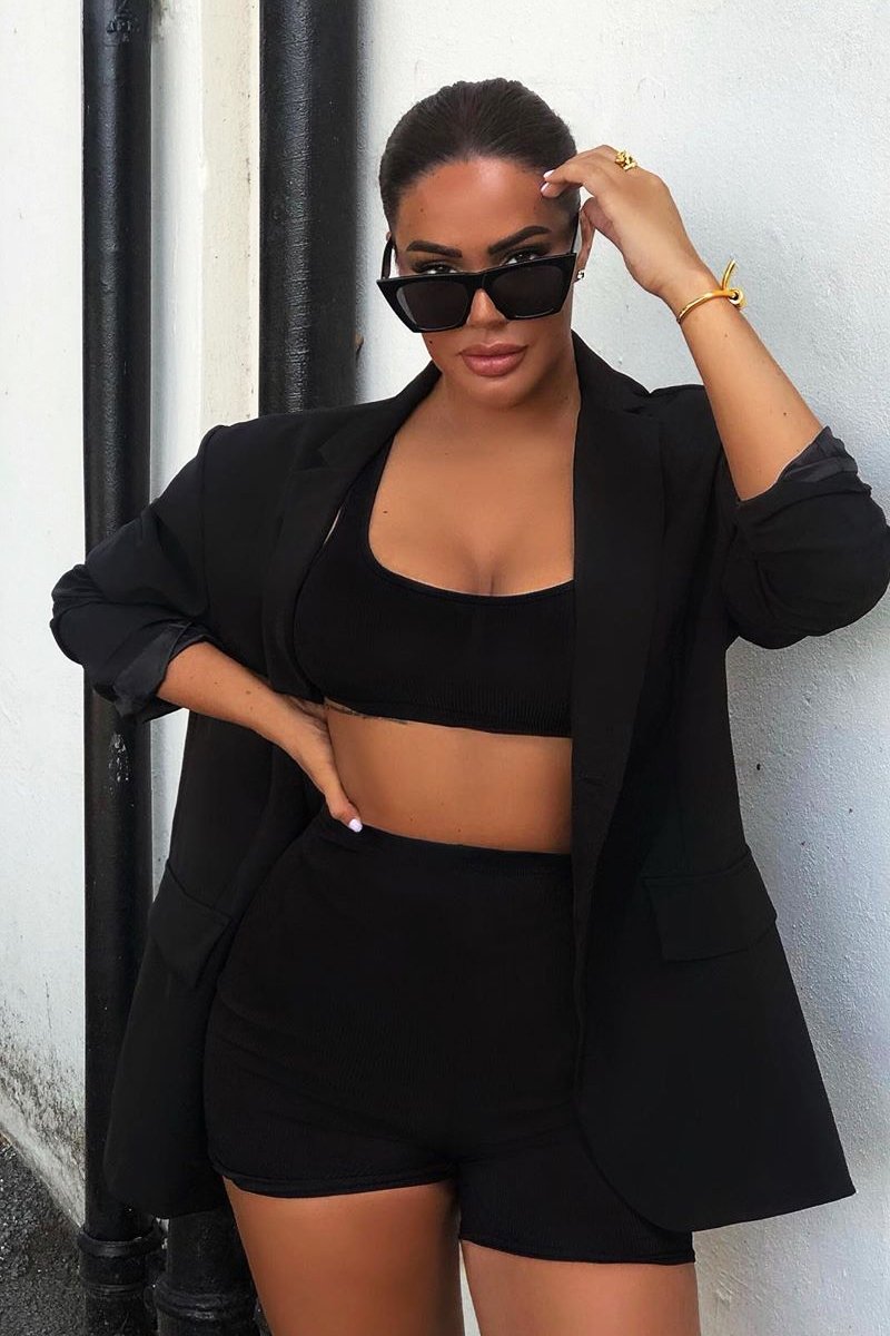 Black Ribbed Crop Top and Cycling Shorts Co-ord - Renny-Co-ords