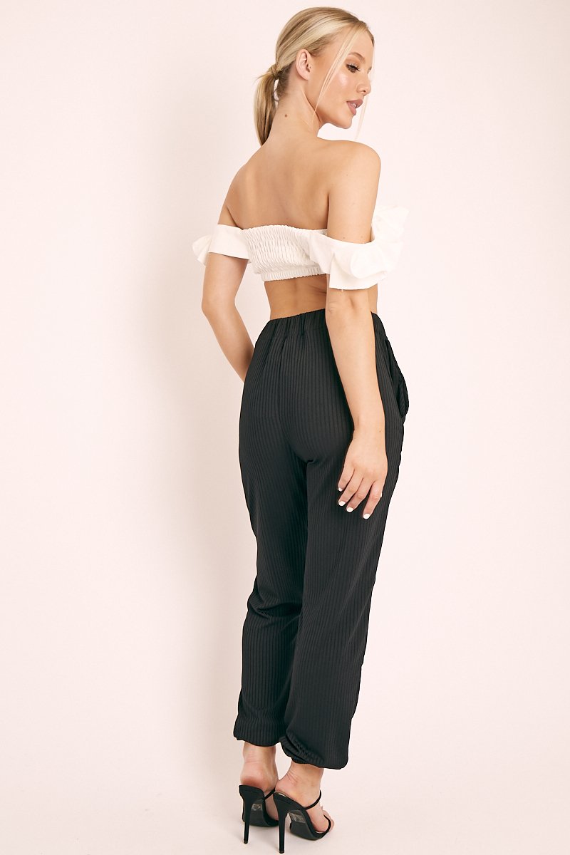 Black Ribbed Cuffed Trousers - Scarletta-Trousers