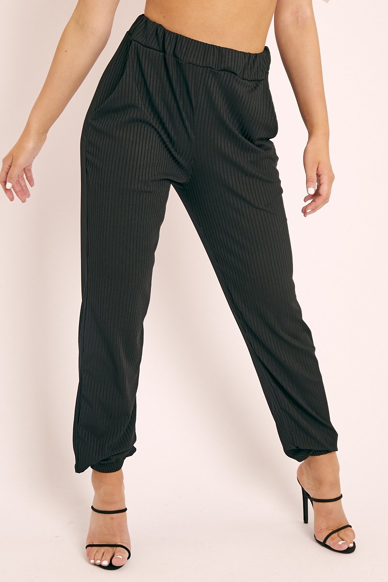 Black Ribbed Cuffed Trousers - Scarletta-Trousers
