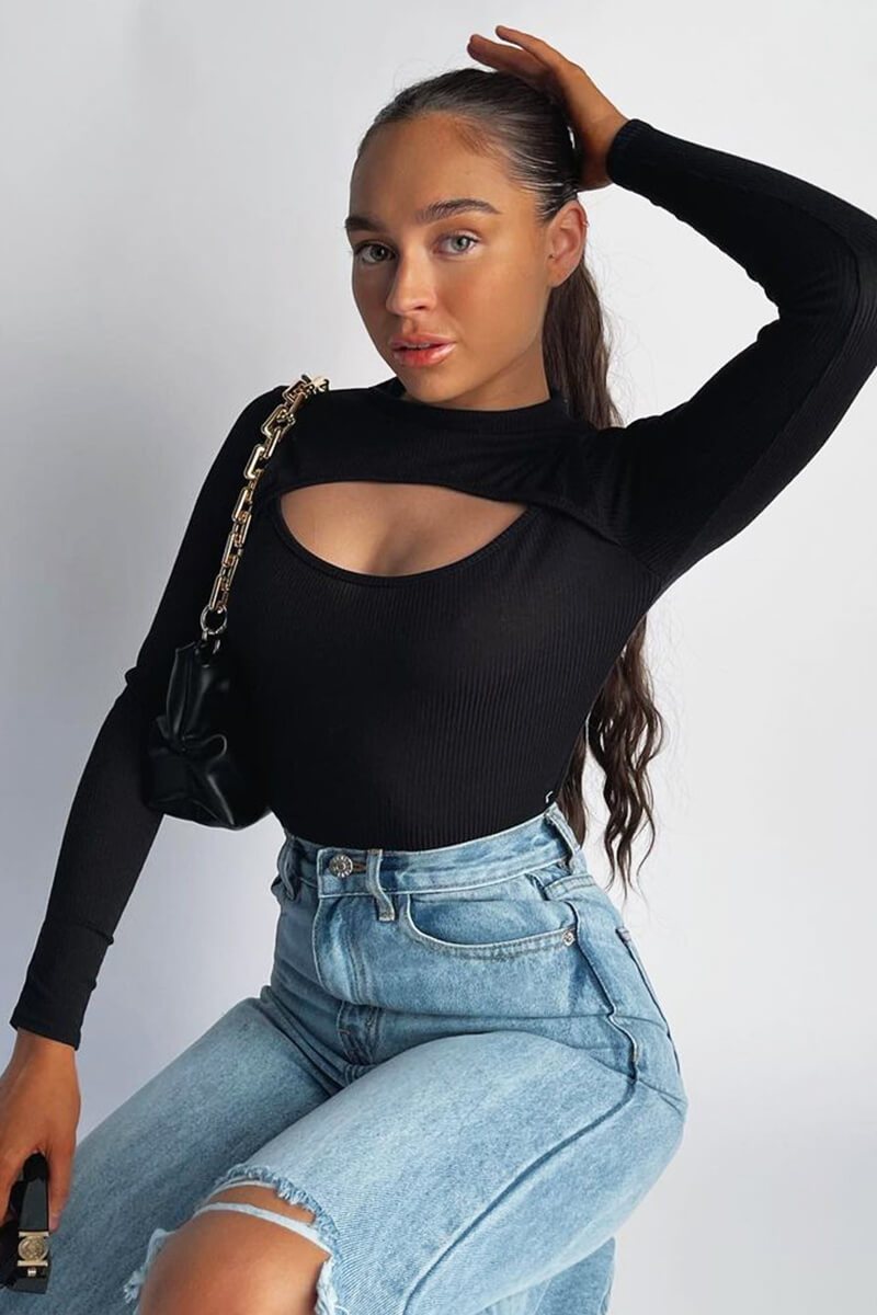 Black Ribbed Cut Out Detail Bodysuit - Murphie-Bodysuits