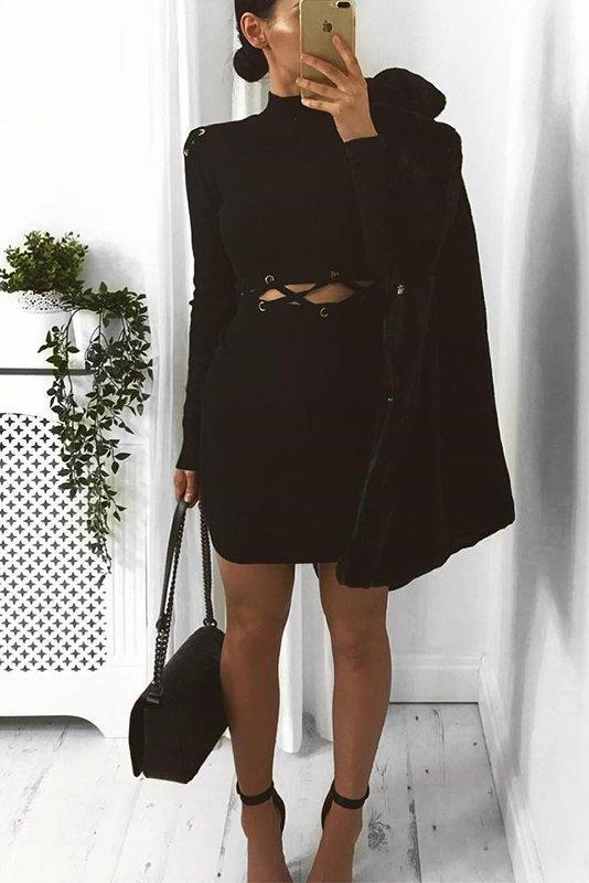 Black Ribbed Cut Out Lace Jumper Dress - Cierra Black Ribbed Cut Out Lace Jumper Dress - Cierra