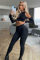 Black Ribbed Cut Out Shoulders Crop Top - Tyra