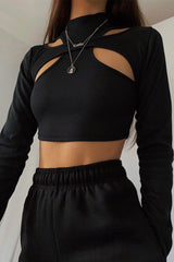 Black Ribbed Double Cut Out Crop Top - Graci-Crop Tops