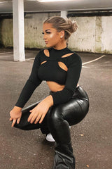 Black Ribbed Double Cut Out Crop Top - Graci-Crop Tops