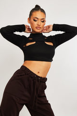 Black Ribbed Double Cut Out Crop Top - Graci-Crop Tops